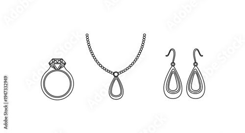 Set of elegant jewelry including ring necklace and earrings in black and white line art.