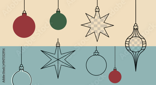 Decorative Christmas ornaments and stars hanging in festive arrangement.