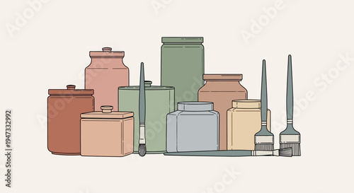 Collection of vintage cosmetic and skincare containers with droppers in muted colors.