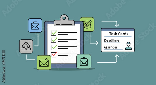 Organized task management with checklist clipboard and communication icons.