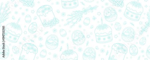 Seamless background for Easter. Contour drawings of Easter cake, painted eggs in a basket, a single egg with a rooster, willow branches. Blue contour images on a white background. Vector illustration
