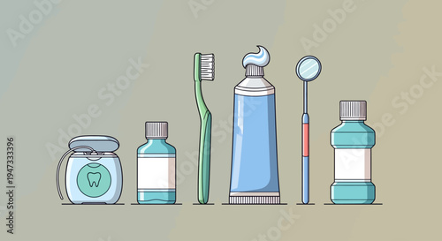 Set of dental care items including toothbrush, toothpaste, mouthwash, and dental floss.
