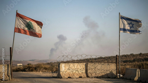 Lebanon and Israel flags at border with barbed wire and smoke