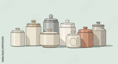 Collection of vintage ceramic and glass storage jars with lids in various shapes and sizes.