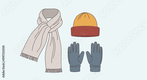 Set of winter accessories including scarf, hat, and gloves in muted colors.