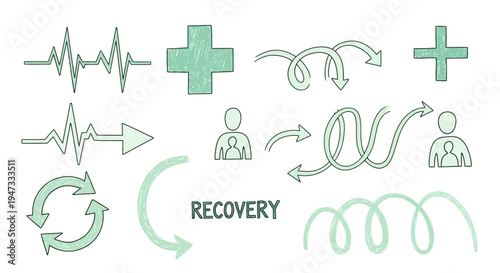 Recovery Process in Healthcare with Heartbeat Plus Signs and Patient Icons