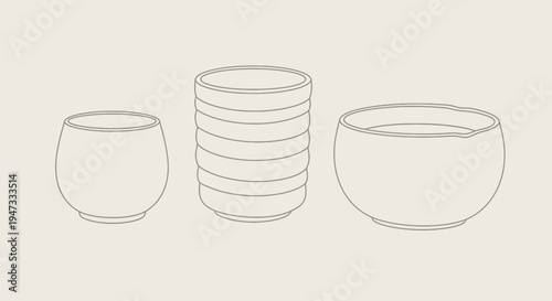 Minimalist line drawing of three different sized bowls in a simple style.