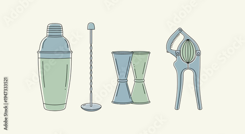 Set of professional bar tools including shaker, stirrer, jigger, and citrus squeezer for cocktail preparation.