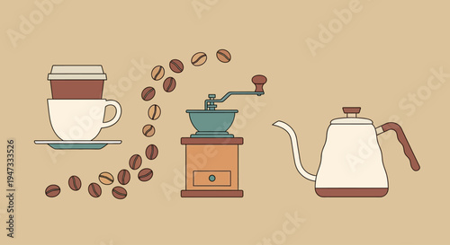 Illustration of coffee brewing process with cup, coffee grinder, and kettle.