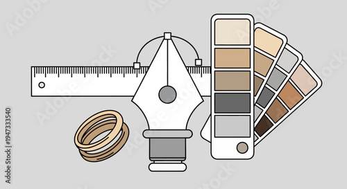 Design tools including pen nib, ruler, color swatches, and rings for creative projects.