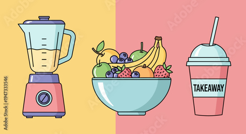 Healthy lifestyle illustration with blender, fruit bowl, and takeaway smoothie cup.