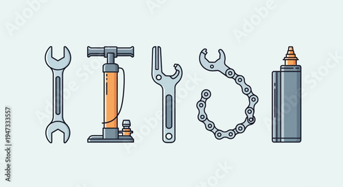 Set of various bicycle repair and maintenance tools including wrenches, pump, chain, and lubricant.