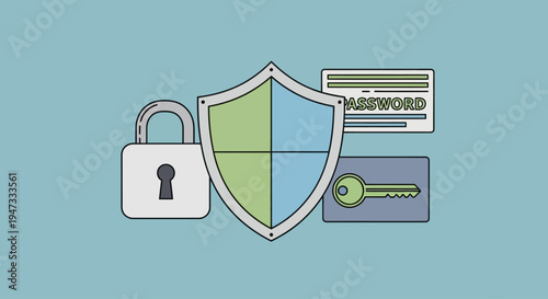 Conceptual illustration of online security with shield, padlock, password and key icons.