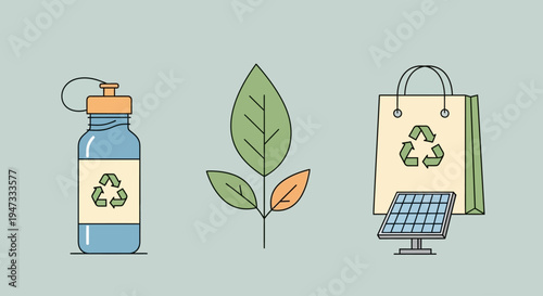 Conceptual illustration of sustainable living with recycling and renewable energy symbols.