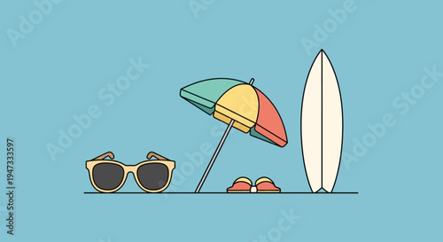 Summer beach essentials including sunglasses umbrella flip-flops and surfboard on blue background.