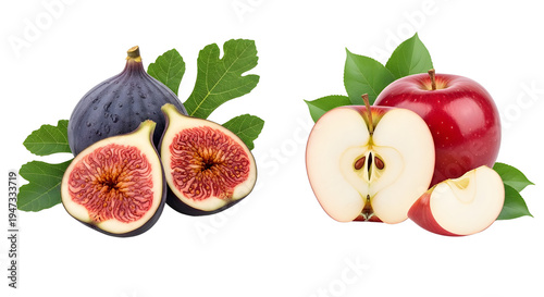 Fresh whole and sliced figs with green leaves next to whole and sliced red apples, isolated on a clean white background, showcasing healthy fruit variety.