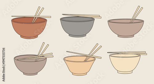Set of six minimalist bowl illustrations with chopsticks in neutral colors.