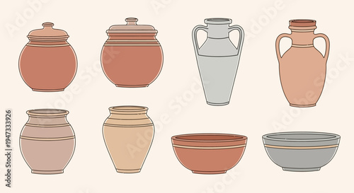Collection of various ancient style clay pots and bowls in different shapes and colors.