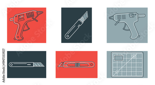 Collection of utility knives and electric drills icons in flat design.