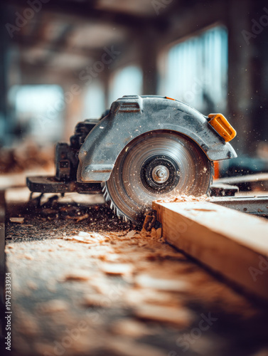 Circular saw cutting through wooden beam with wood shavings flying in a workshop filled with natural light and blurred background elements