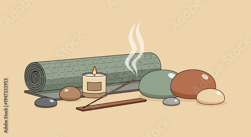 Relaxing spa scene with yoga mat, candles, incense sticks, and massage stones.