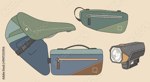 Set of bicycle accessories including saddle bag, frame bag, and bike light.