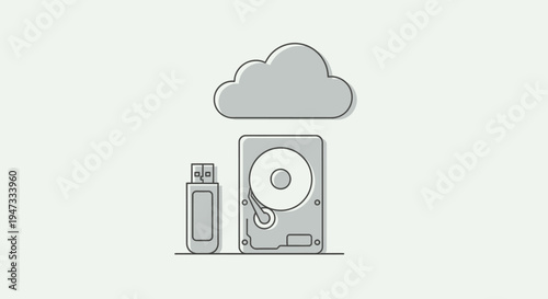 Cloud storage concept with USB flash drive and hard disk drive icons.