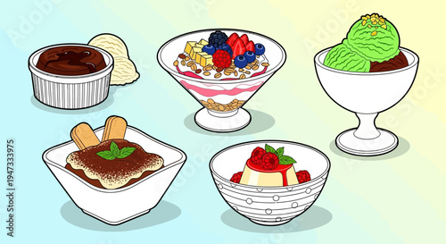 Variety of colorful and delicious dessert bowls with different toppings.