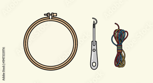 Set of embroidery tools including hoop, needle, and colorful threads.