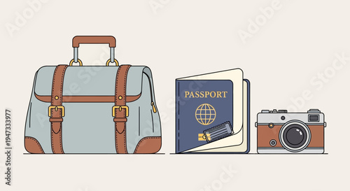 Travel essentials including a suitcase, passport, boarding pass, and vintage camera.