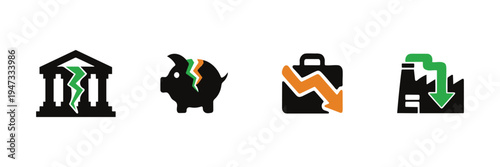 Finance Crisis Outline Icon Set Including Bankruptcy, Debt Problems, Inflation and Market Decline Symbols
