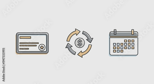 Set of three business and finance icons including credit card, currency exchange, and calendar.
