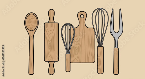 Set of wooden kitchen utensils including spoons, rolling pins, whisks, and cutting boards.