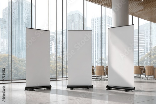 Three white roll up banners on stands in a modern office space.