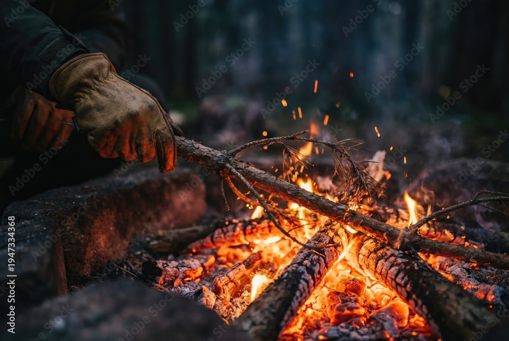 Fototapeta premium Hand wearing a heavy leather glove using a wooden branch to poke and adjust a hot burning campfire