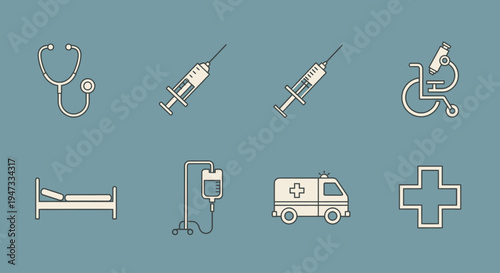Set of medical and healthcare icons including stethoscope syringe hospital bed and ambulance.