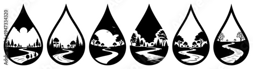 Nature Landscape Scenes in Water Droplet Shapes, Eco-Friendly Environment Icons with River Forest and Mountains, Ecology and Water Conservation Vector Set