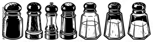Salt and Pepper Shakers Collection, Vintage Seasoning Grinder Silhouettes, Kitchen Utensils and Table Condiment Vector Icons