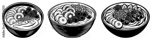 Healthy Fruit and Smoothie Bowl Set, Acai Yogurt Breakfast with Berries and Banana, Vector Hand Drawn Style Healthy Food Illustrations