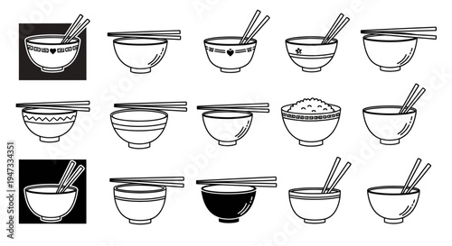 Set of various black and white rice bowl and chopsticks icons in different styles and angles.