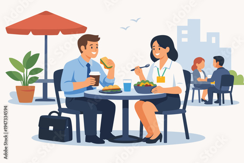 Professional male and female colleagues having a lunch break at an outdoor cafe terrace, eating salad and sandwiches while talking, flat vector illustration of business people dining outside.
