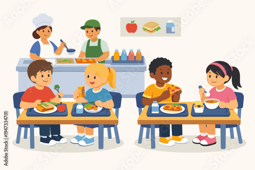 Diverse students having healthy lunch in school cafeteria with cafeteria workers serving food. Flat vector illustration of children eating pizza, sandwiches, and fruit in a canteen setting.