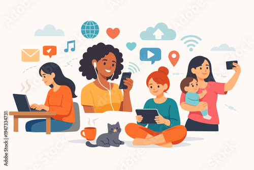Flat Vector Illustration of Diverse Women Using Technology and Digital Communication in Daily Life, Including Laptop, Smartphone, Tablet, and Social Media Icons for Work, Home, and Connection.