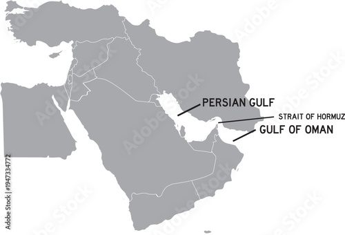 Strait of Hormuz, Persian Gulf and Gulf of Oman Labelled on Middle East Map, Editable Icon
