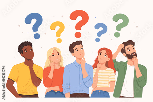 Diverse Group of People Thinking and Looking Up with Colorful Question Marks Above Their Heads, Flat Vector Illustration of Men and Women Wondering, Confused, or Searching for Creative Solutions.