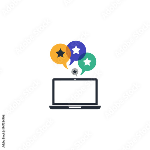 Laptop with colorful speech bubbles rising.