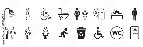 WC icon set. Toilet, restroom, man and woman, bathroom, disabled, dumpster, toilet paper, infant - stock vector.
