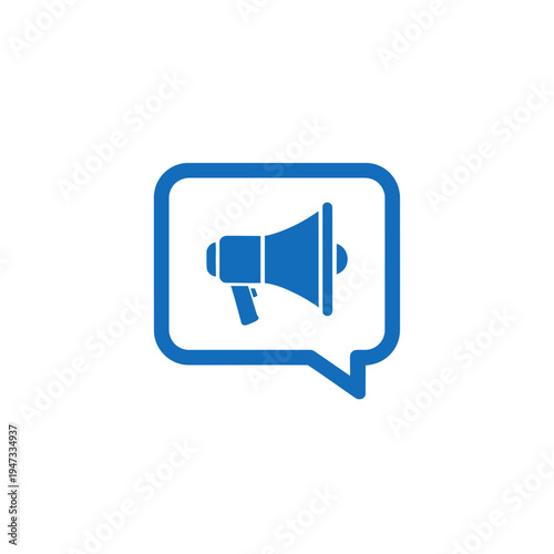 A blue icon of a megaphone in a speech bubble for communication and announcement.
