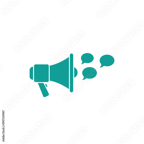 Teal megaphone with speech bubbles icon.