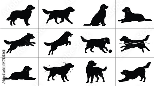 Collection of various dog silhouettes in different poses and actions.